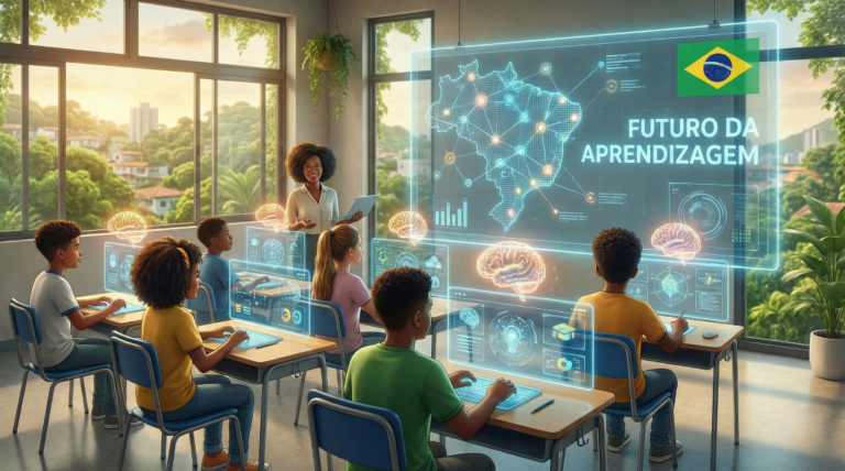 Uma sala de aula futurista no Brasil representando inteligencia artificial na educação inteligencia artificial na educação a inteligencia artificial na educação