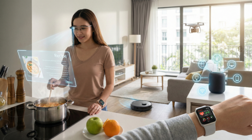 Uma mulher em uma cozinha moderna utiliza óculos de realidade aumentada que projetam uma receita holográfica enquanto ela cozinha. O ambiente de casa inteligente inclui um smartwatch exibindo dados de saúde em primeiro plano, um alto-falante conectado com ícones de IoT, um robô aspirador no chão e um drone de entrega visível pela janela.