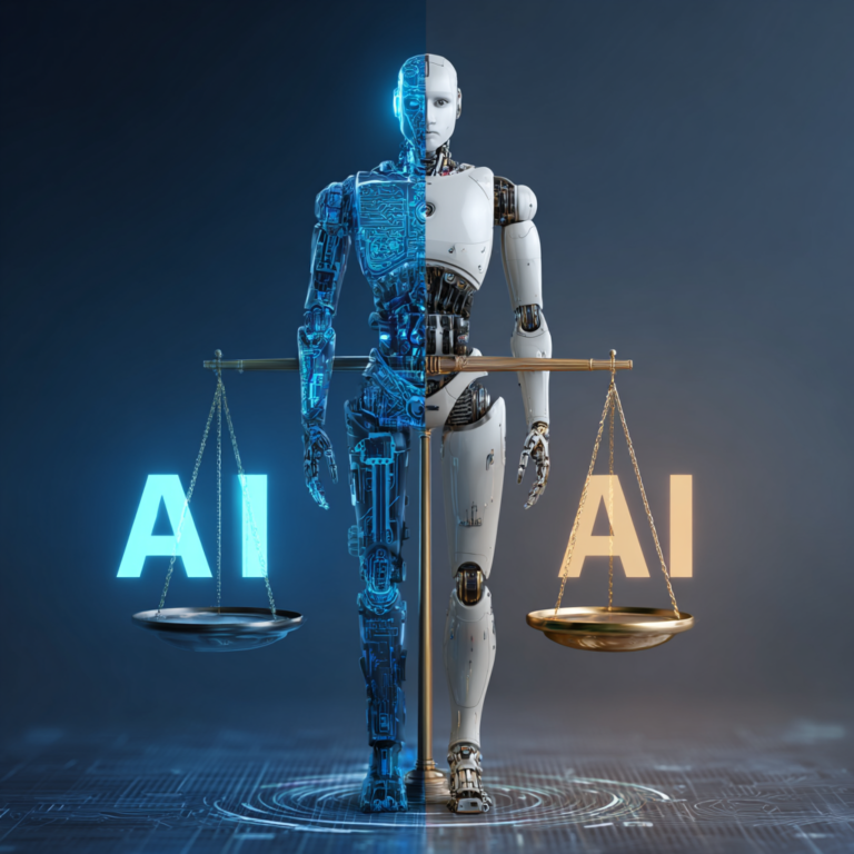 vantagens e desvantagens da inteligência artificial representadas por robô futurista equilibrando inovação e riscos tecnológicos