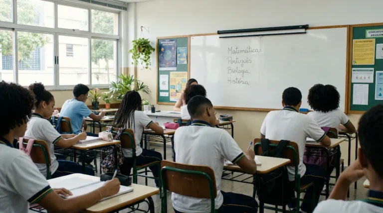 Matérias do ensino médio organizadas em sala de aula brasileira