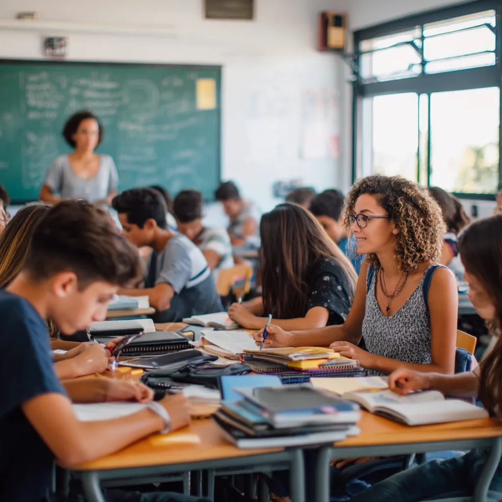 novo ensino médio em sala de aula moderna com estudantes participando de atividades e itinerários formativos