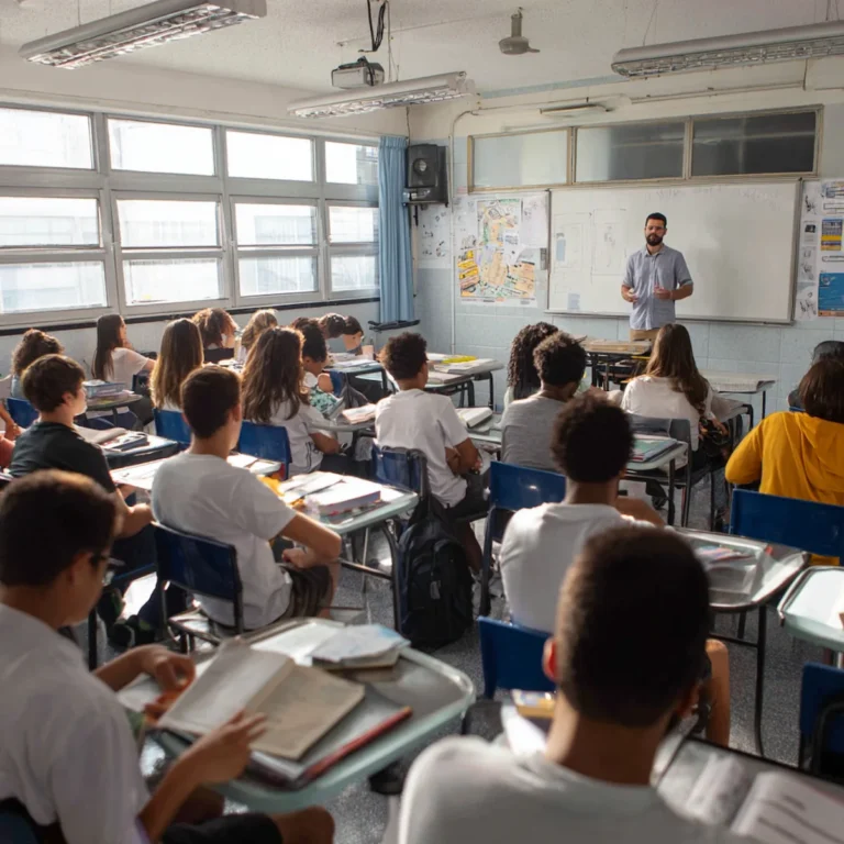 novo ensino médio em sala de aula moderna com estudantes participando de atividades e itinerários formativos